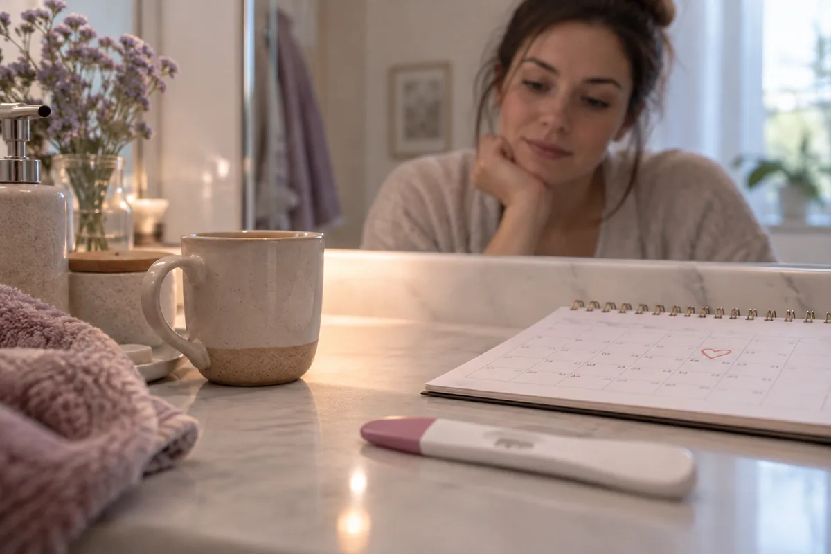 A pregnancy test beside a paper calendar and a cup of tea on a counter