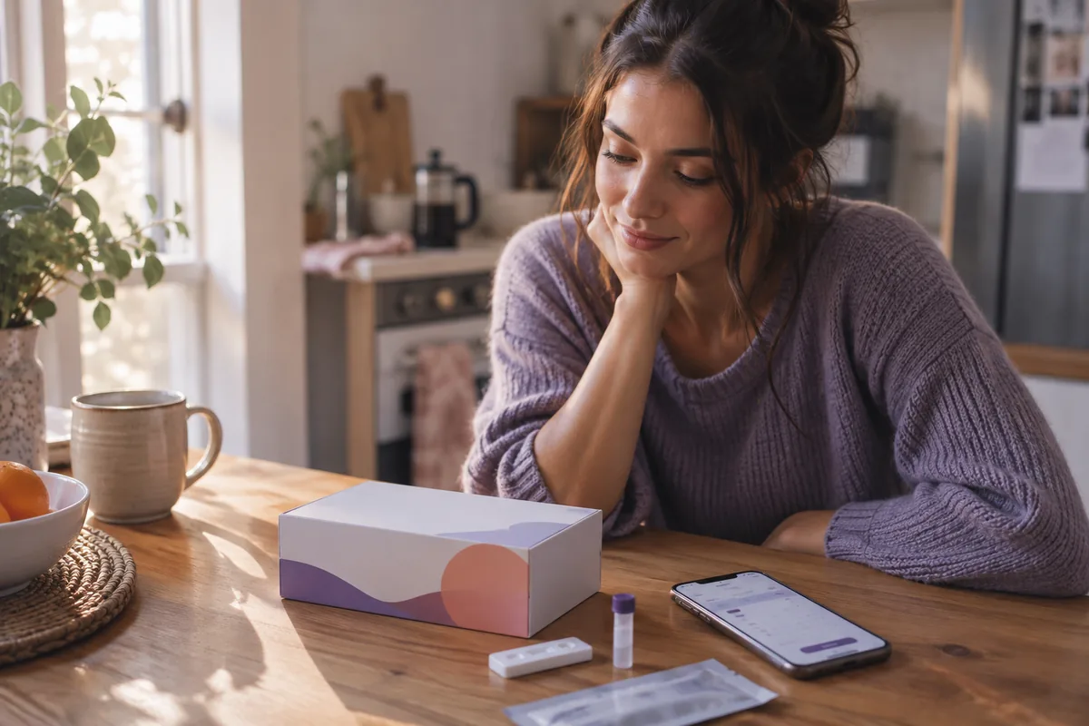 A woman at a kitchen table with a home STI test kit and her phone