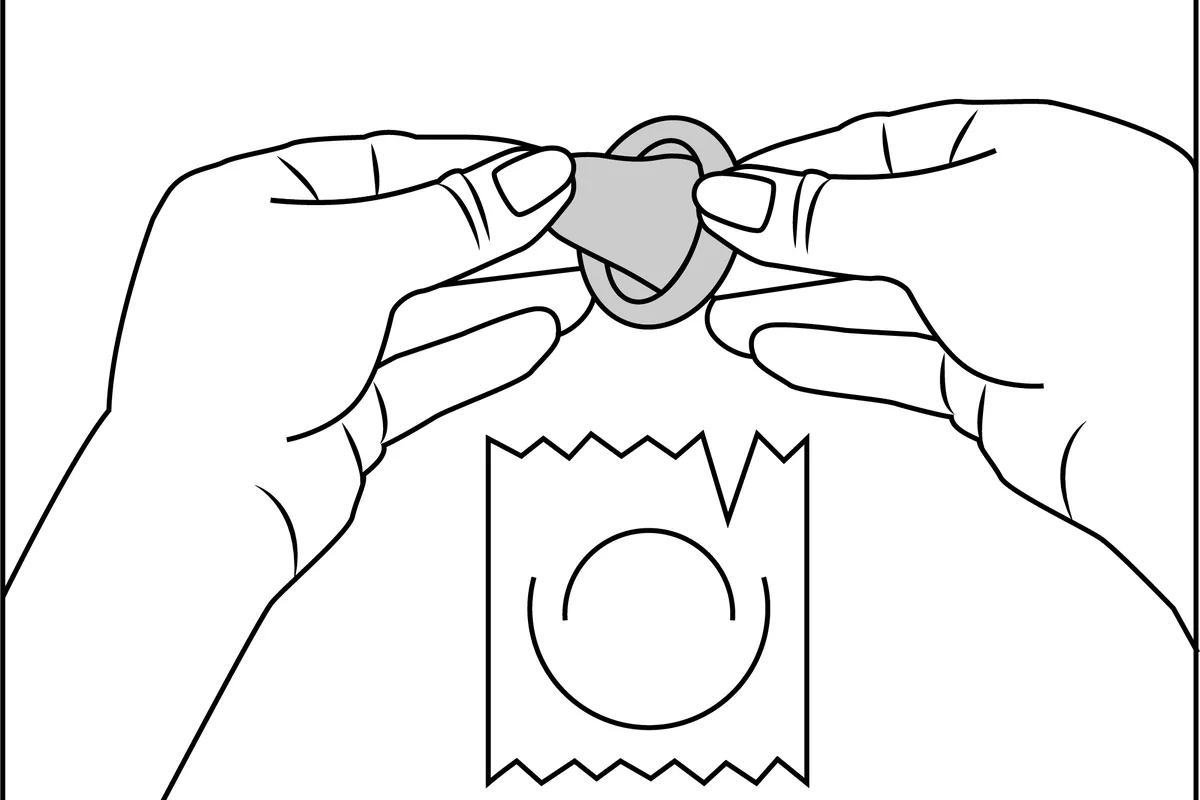 Black-and-white line drawing of two hands holding a rolled condom and pinching its reservoir tip next to a torn foil wrapper