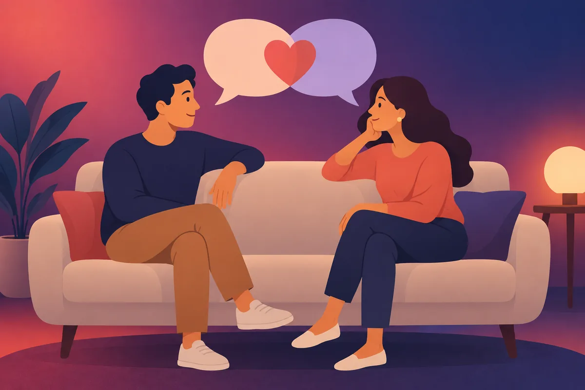 Two simple figures on a sofa talking with overlapping speech bubbles