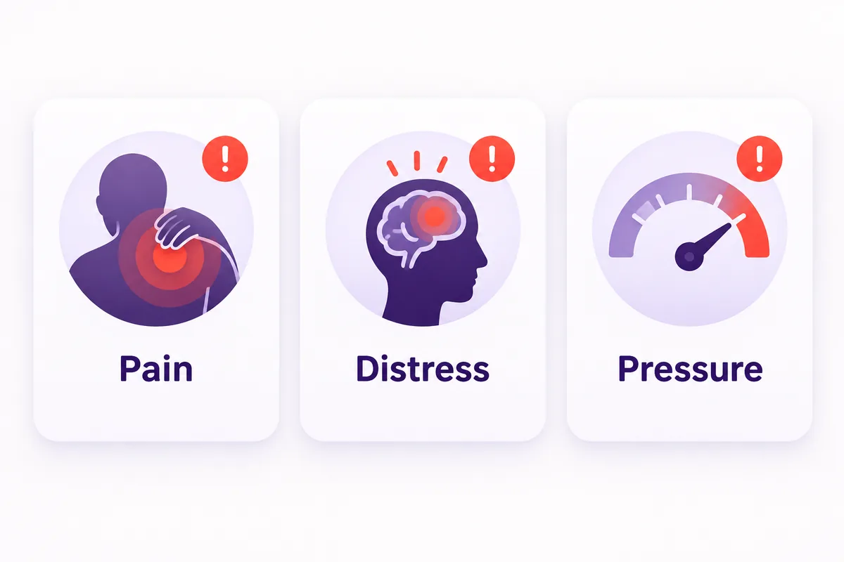 Three warning cards: pain, distress and pressure