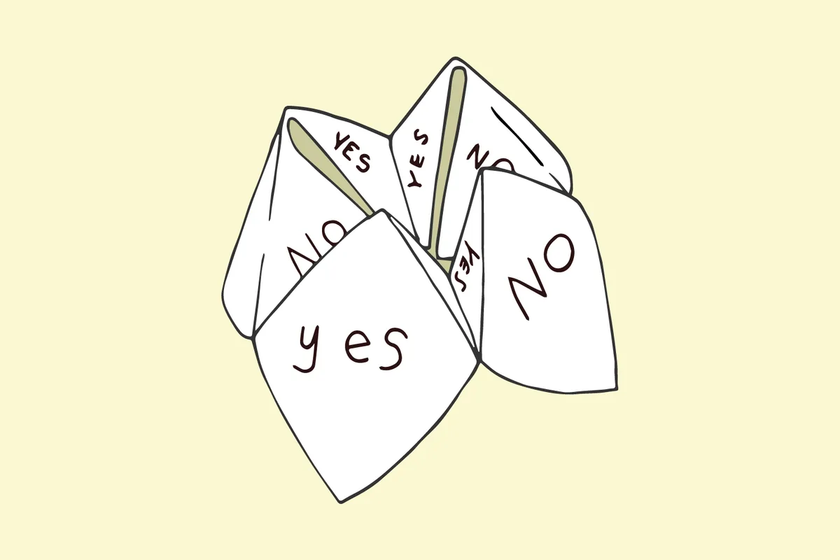 Illustration of a paper fortune teller marked yes and no