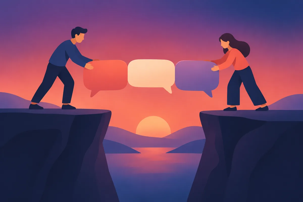 Two simple figures building a bridge of speech bubbles between them