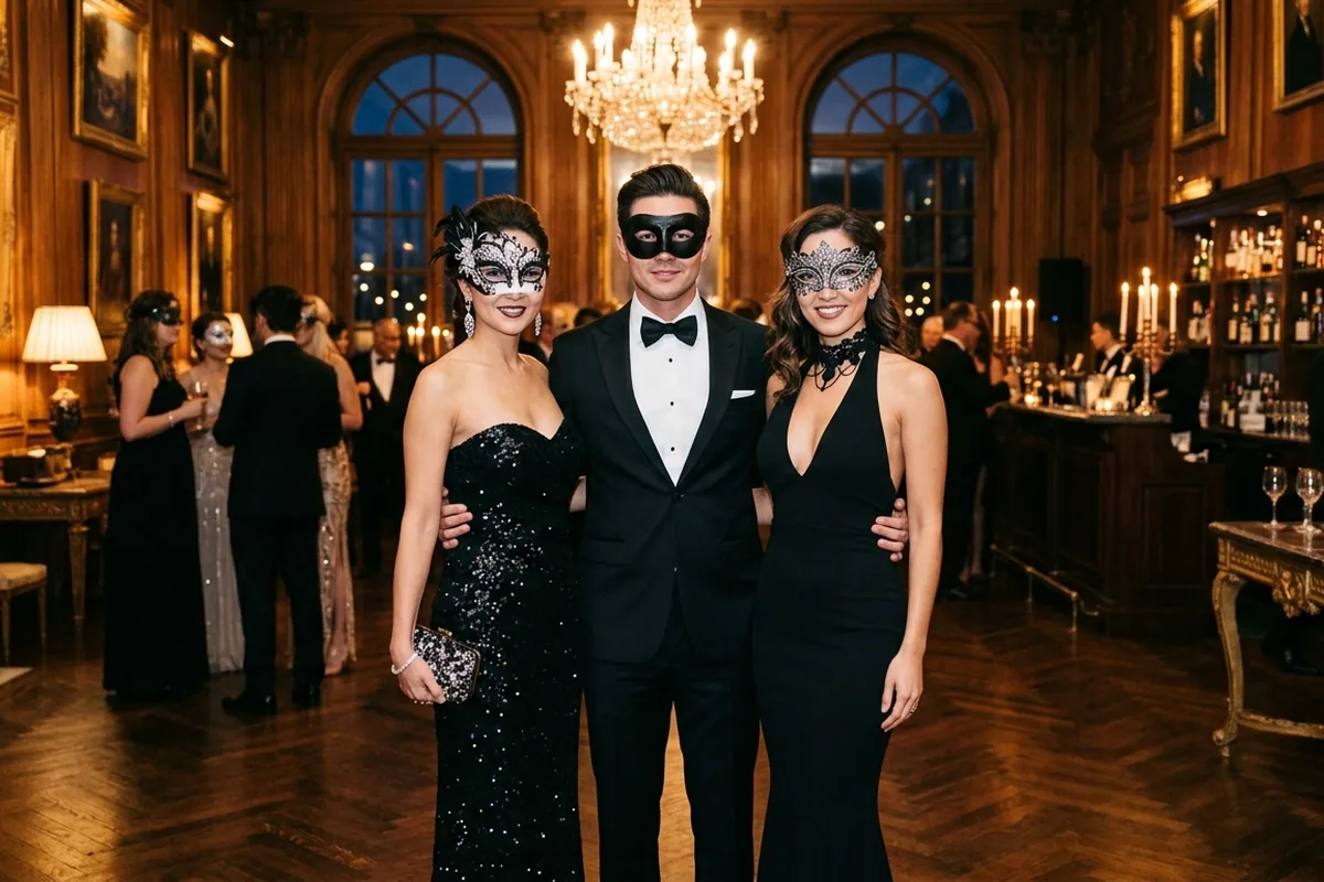 Three people in masquerade masks and evening wear in a candlelit hall