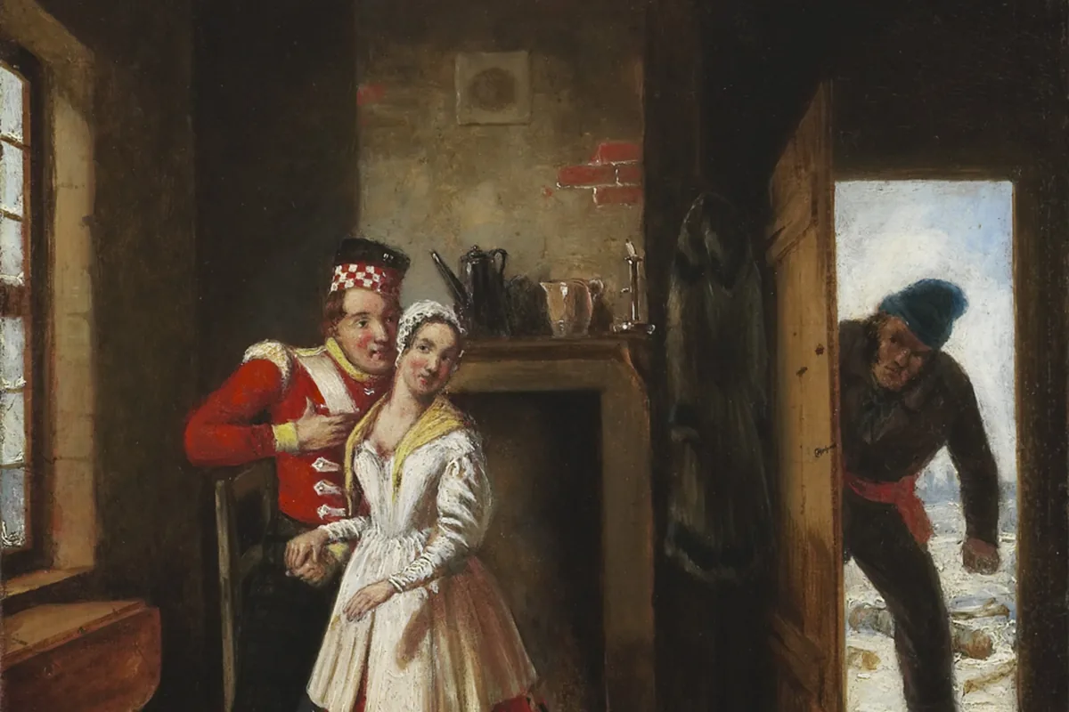 A 19th-century genre painting of a couple in a cottage doorway with a man looking in