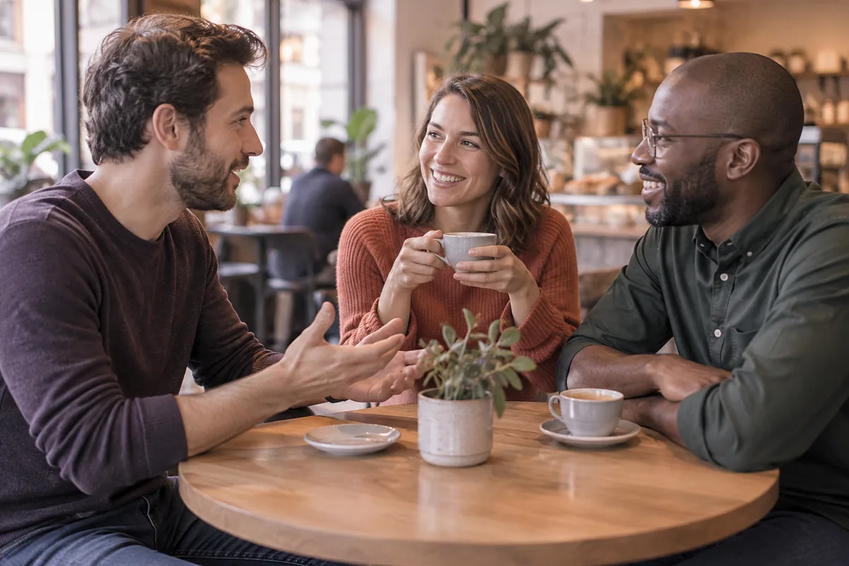 Three adults talking openly over coffee at a cafe table