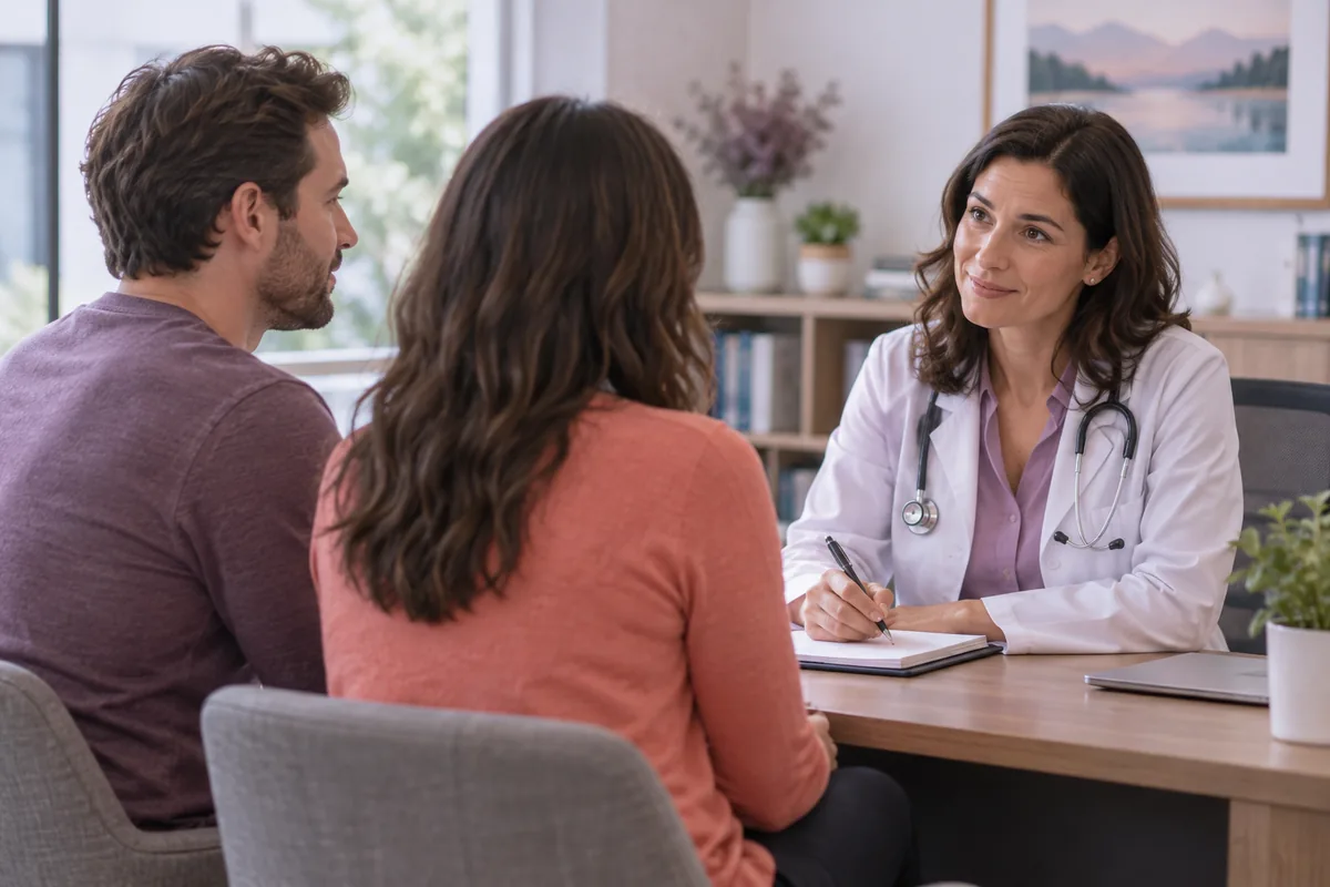 A couple talking with a doctor who takes notes in a consultation room