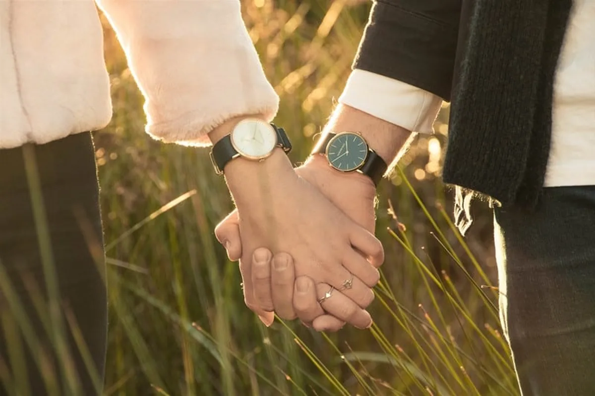 Close-up of two people holding hands in tall grass in warm golden-hour light