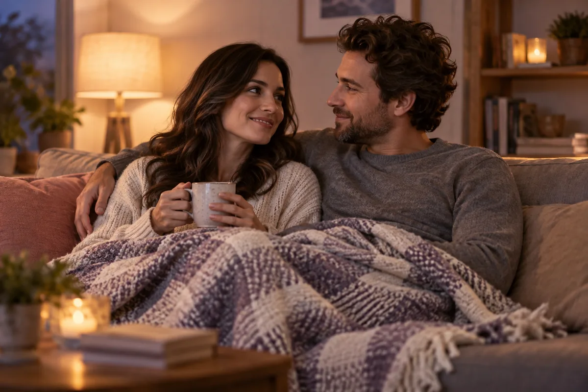 A couple wrapped in one blanket on a sofa, one holding a mug of tea