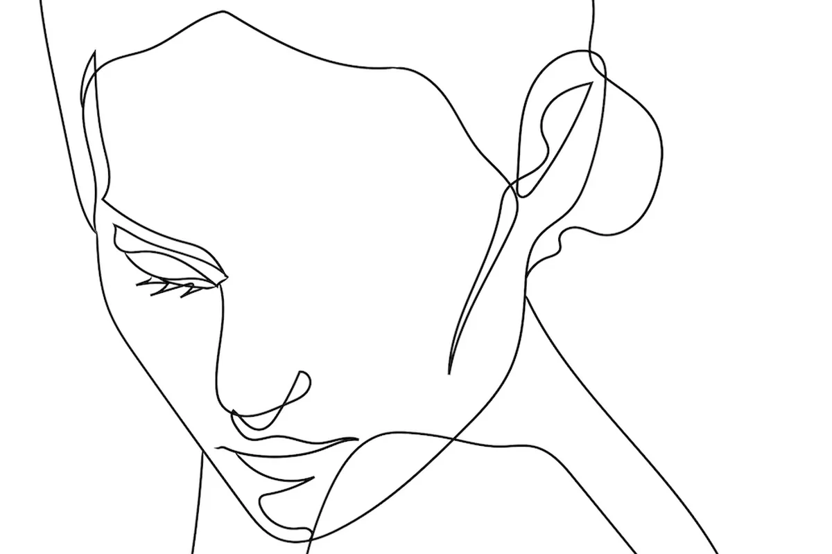 A single-line drawing of a woman’s face looking down