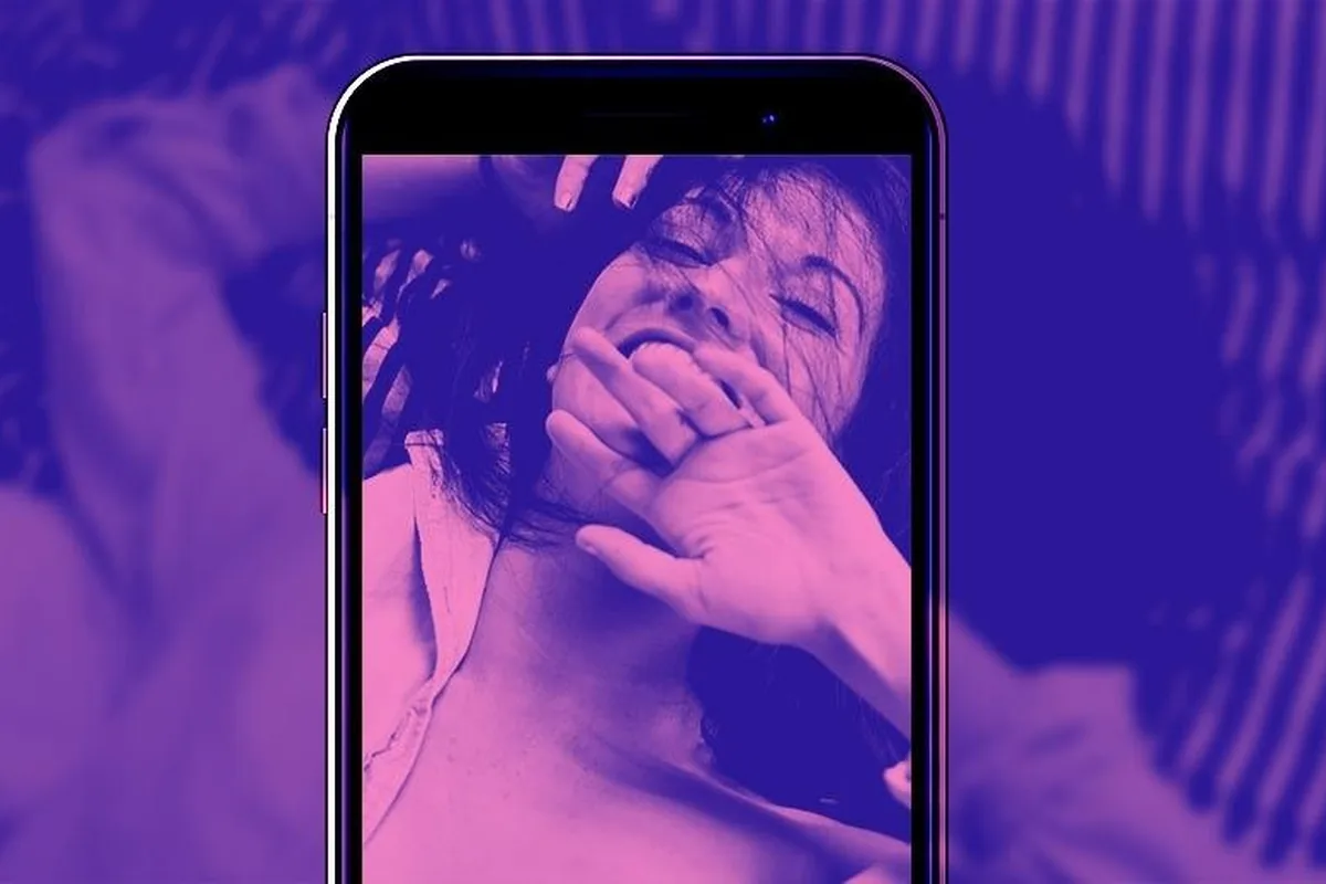 A smartphone displaying a photo of a laughing woman with her hand near her mouth, shown in a purple duotone treatment with a blurred echo of the photo in the background