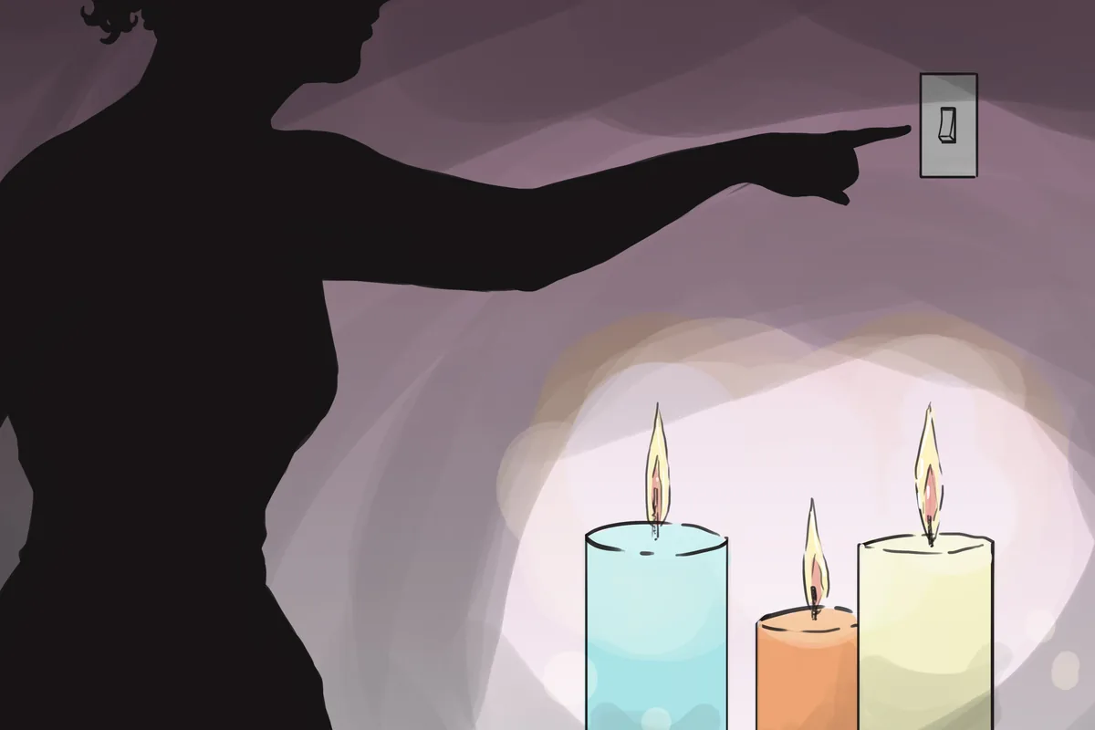 Illustration of a dim purple-toned room lit by three candles as the dark silhouette of a woman reaches for a light switch on the wall
