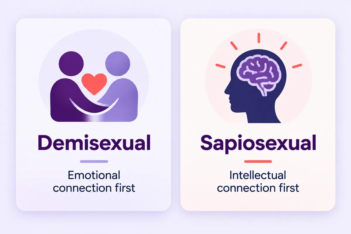 Two cards: demisexual needs an emotional connection, sapiosexual an intellectual one