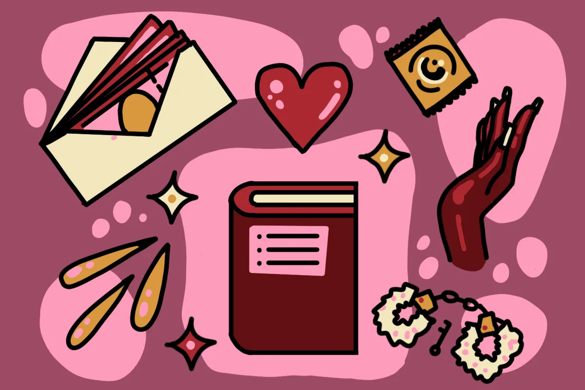 Illustration of a book, a condom, a heart and other icons on a pink background