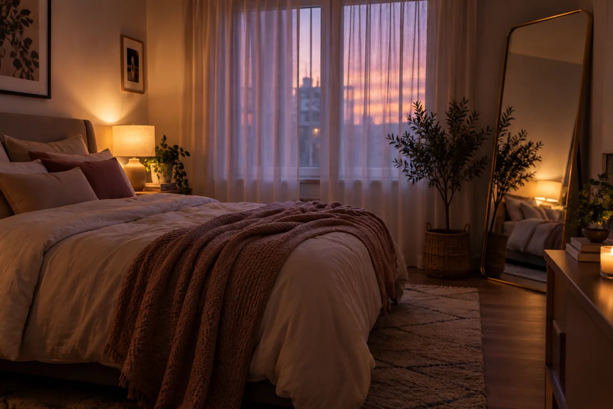 A cozy bedroom at dusk with sheer curtains and a full-length mirror