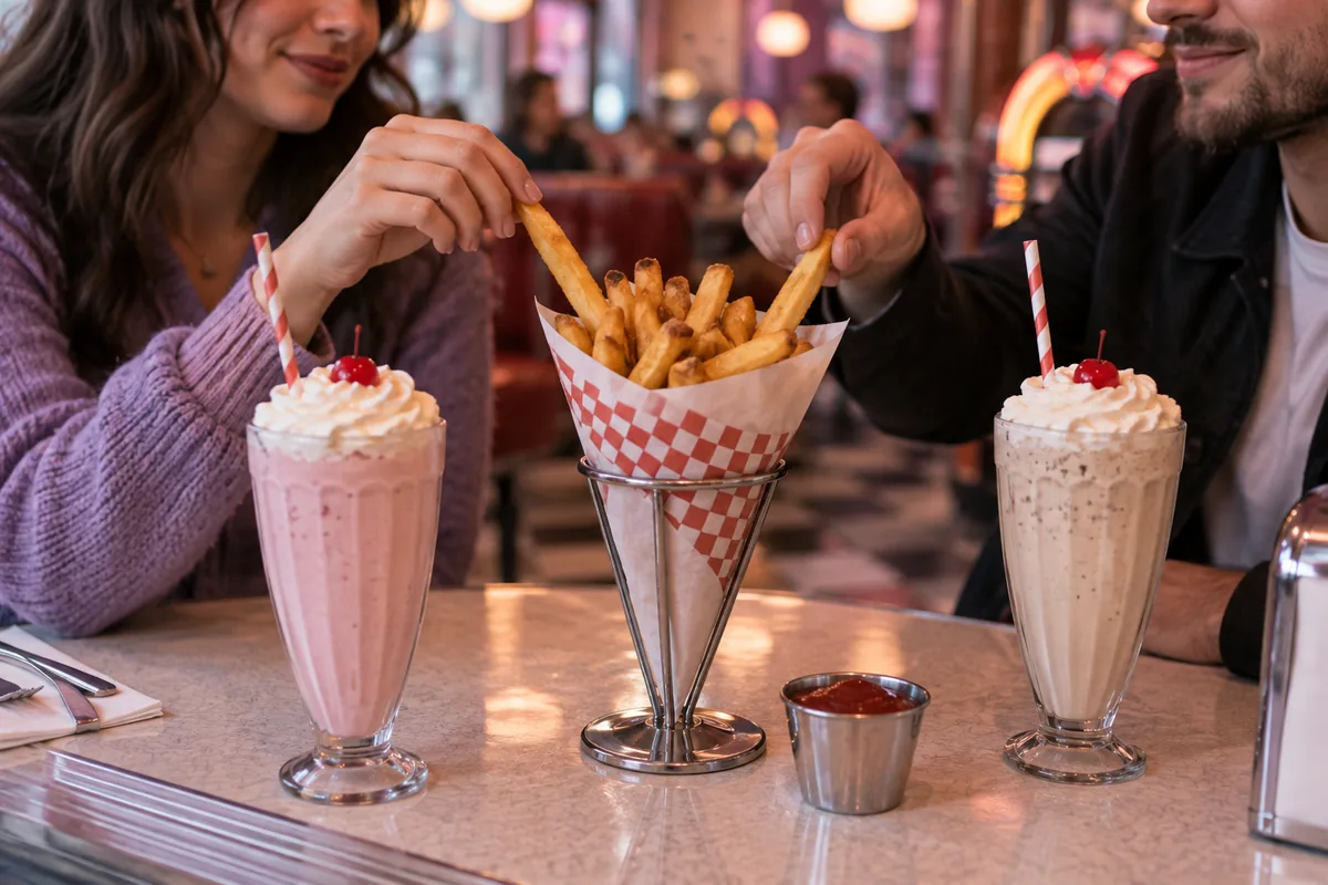A couple sharing a cone of french fries and milkshakes at a diner