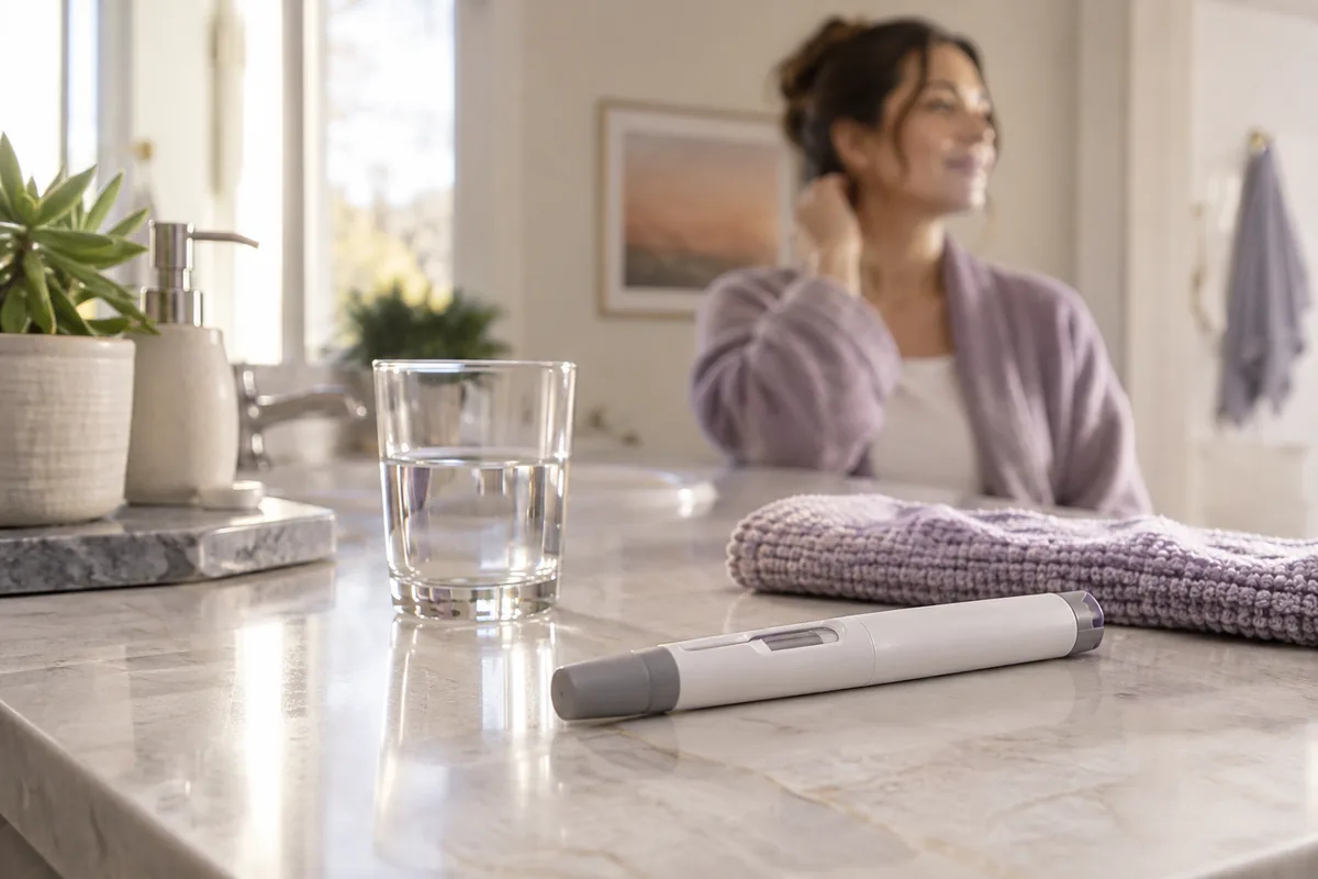 An unbranded injection pen beside a glass of water on a bathroom counter