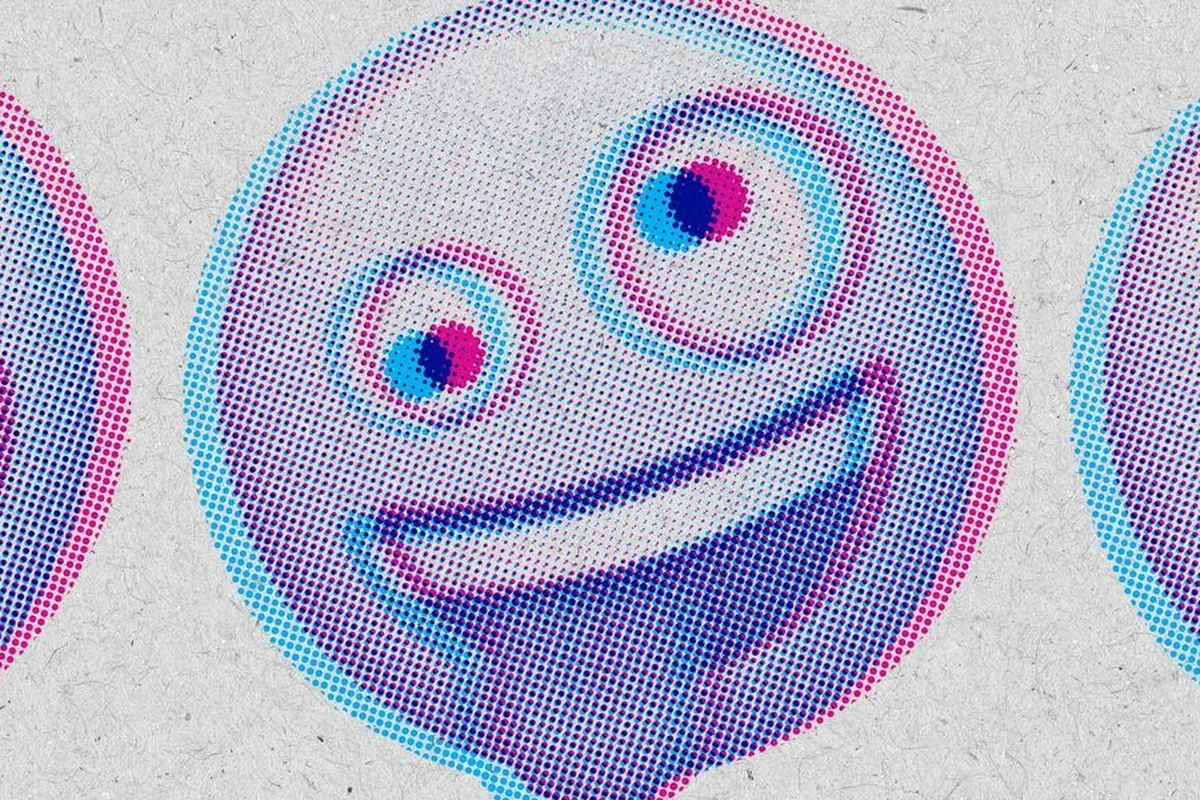 Halftone collage of grinning emoji faces
