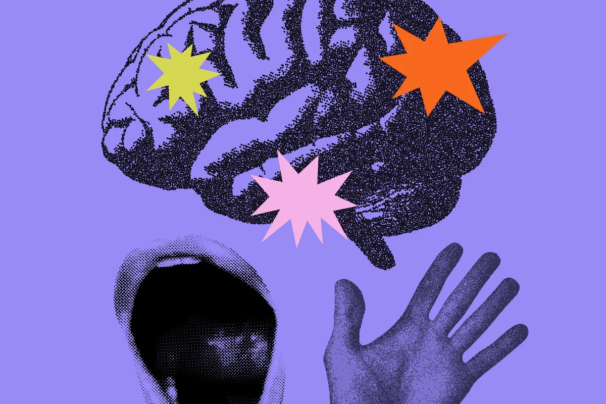 Collage of a brain with bursts, an open mouth and a hand on purple