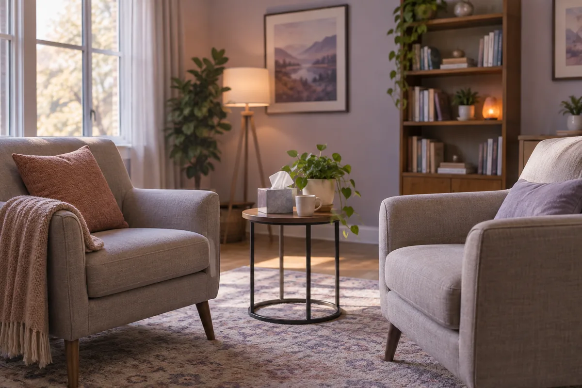 A calm therapist’s office with two armchairs and a box of tissues