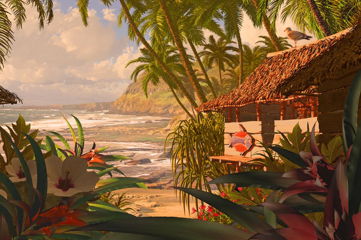 A painted tropical beach with thatched huts, palm trees and flowers
