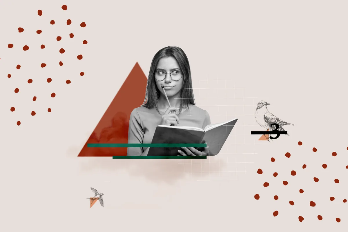 Collage of a woman reading a book among abstract shapes
