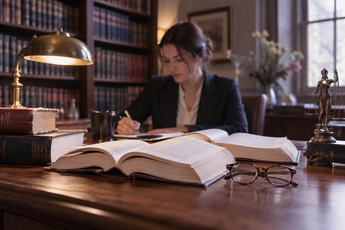 Open law books and reading glasses on a library desk