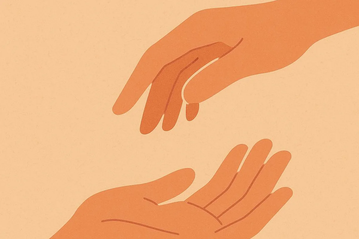 Illustration of one hand reaching down toward another open hand