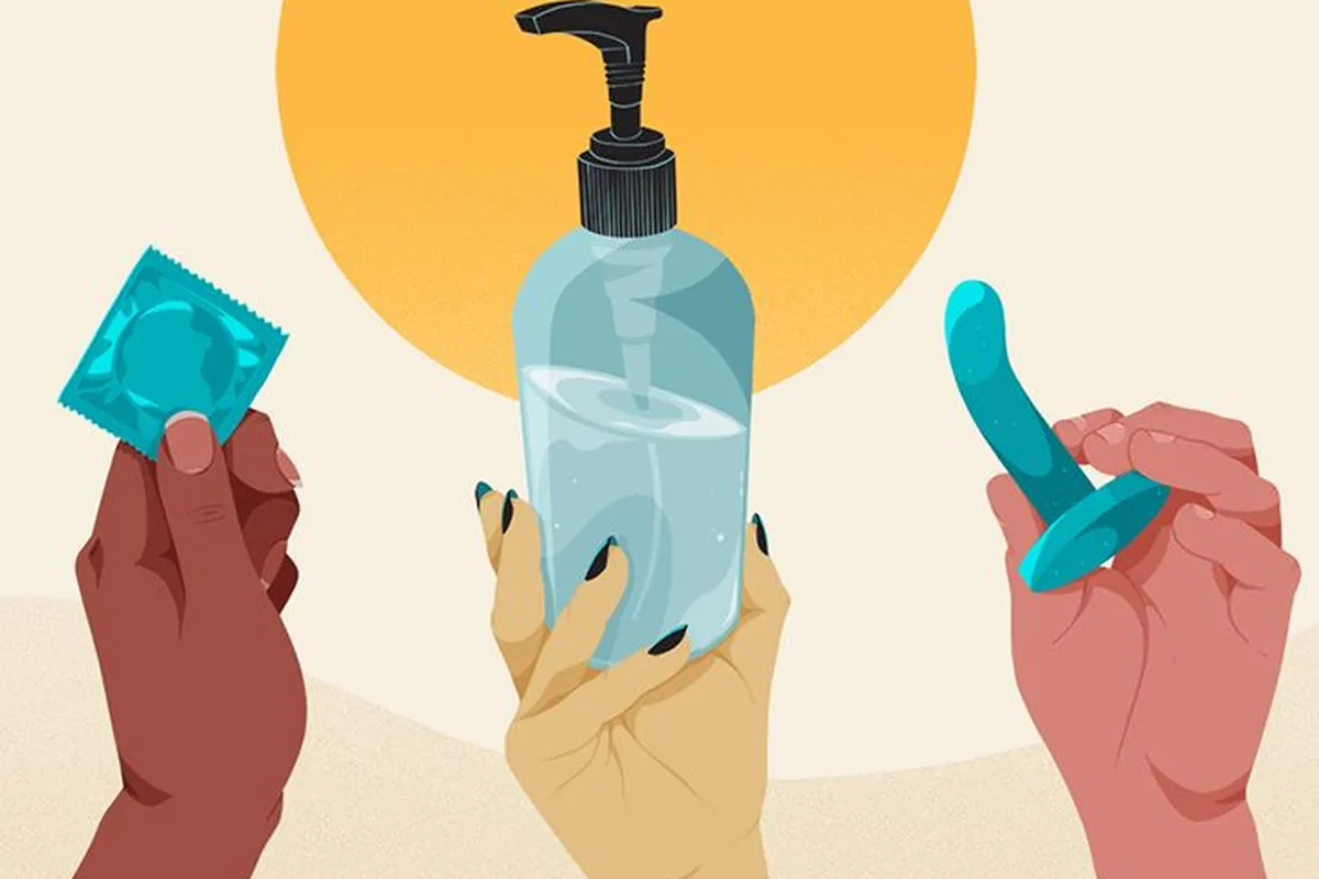Illustration of three hands holding a condom, a bottle of lubricant and a small flared-base toy