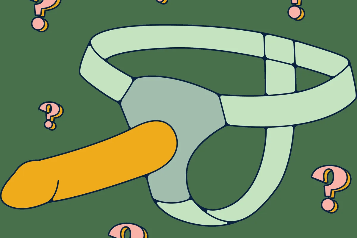 Illustration of a strap-on harness surrounded by question marks
