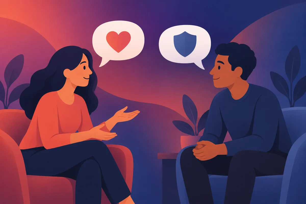 Two simple figures facing each other with speech bubbles showing a heart and a shield