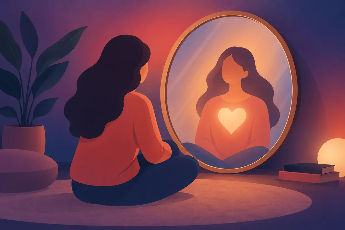 A simple figure looking into a round mirror that reflects a small glowing heart