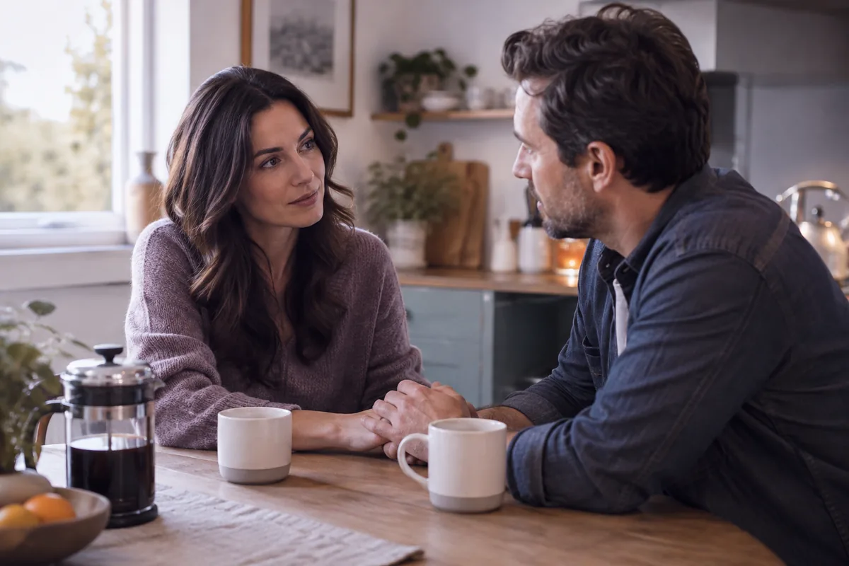 A couple talking and holding hands over coffee at a kitchen table