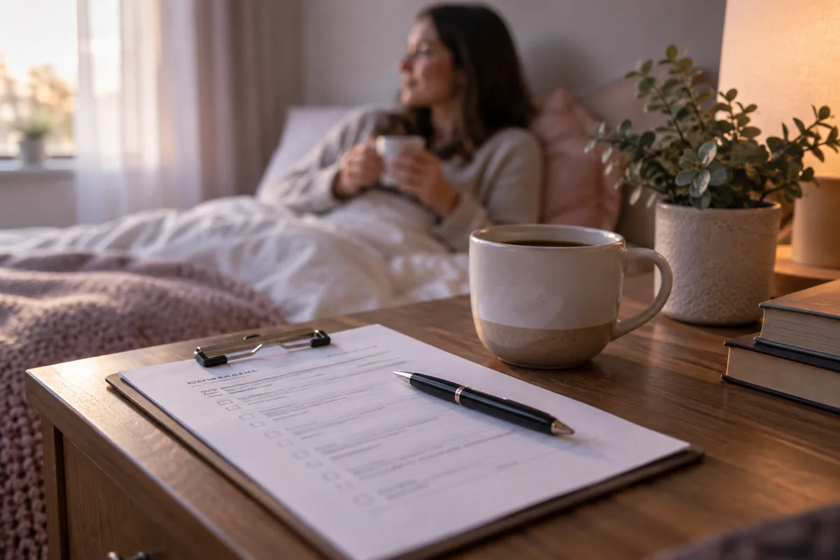 A survey form on a clipboard with a pen beside a coffee mug