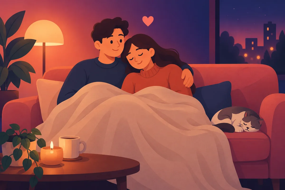 Two simple figures sitting close together under a blanket with a heart above them