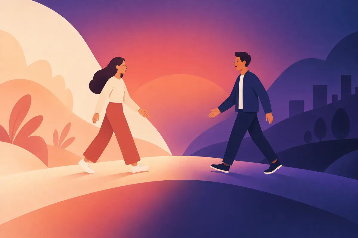 Two simple figures meeting halfway on a path between two different-colored areas