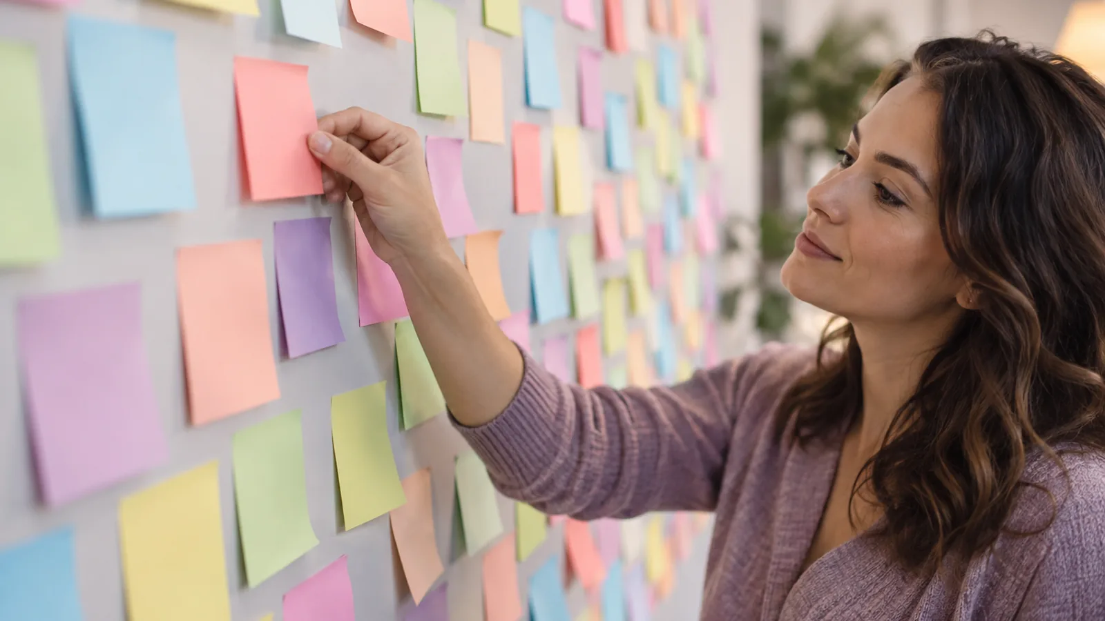 A hand placing a blank sticky note on a wall of colourful blank notes
