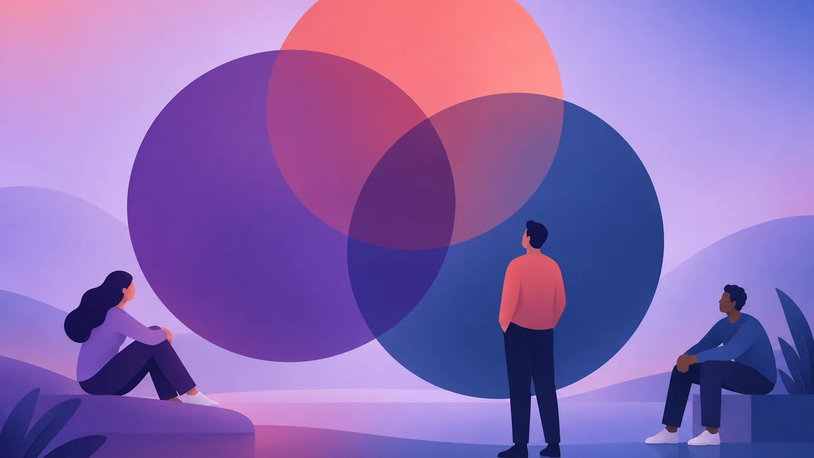 Three overlapping translucent circles above two people sitting and one standing in a calm hillside landscape