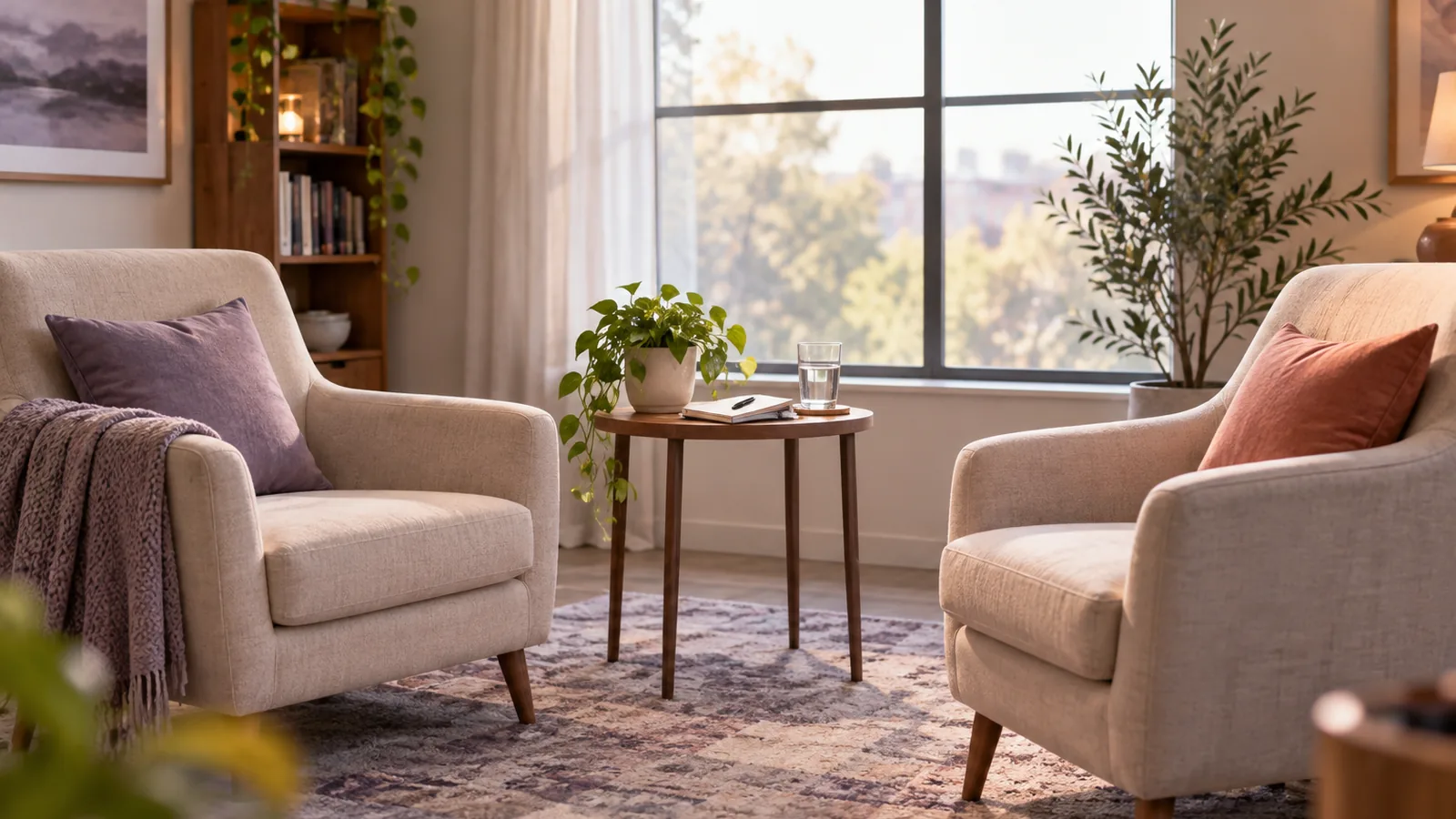 A calm therapy office with two armchairs, a plant and a notepad on a side table