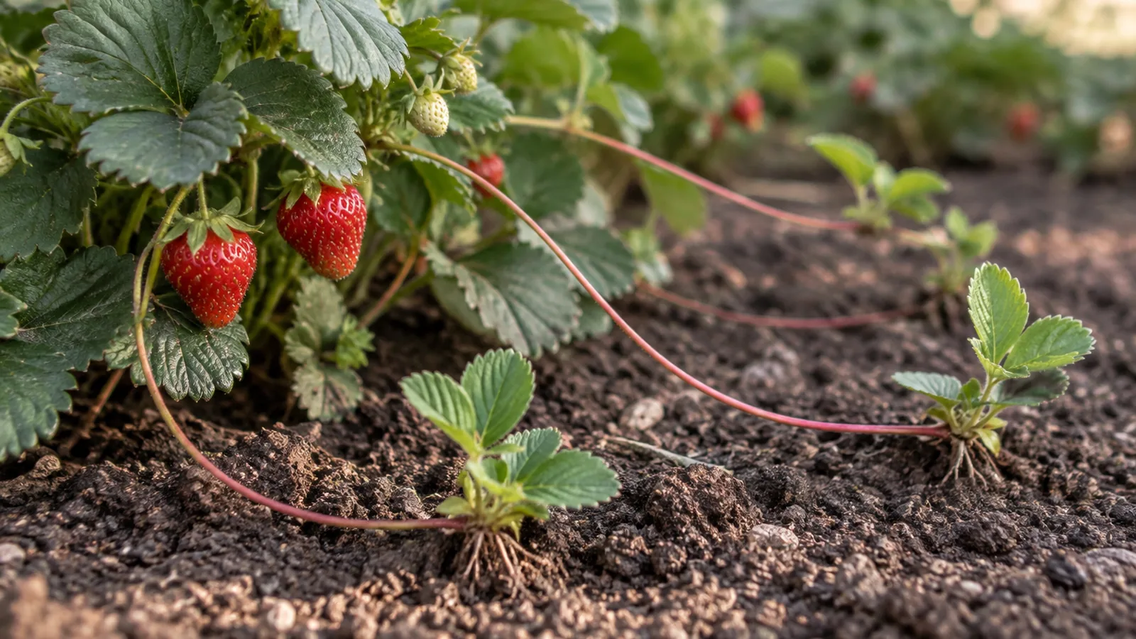 Strawberry plants sending out runners with new plantlets rooting in the soil