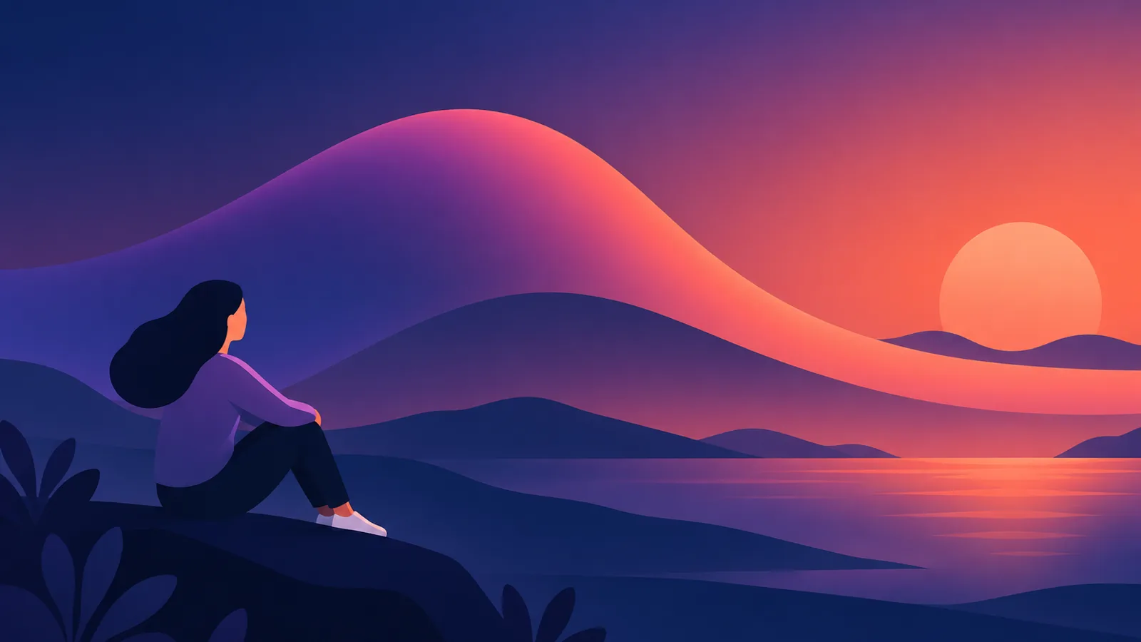 A person sitting on a hillside at sunset beneath a gentle wave of purple and coral hills