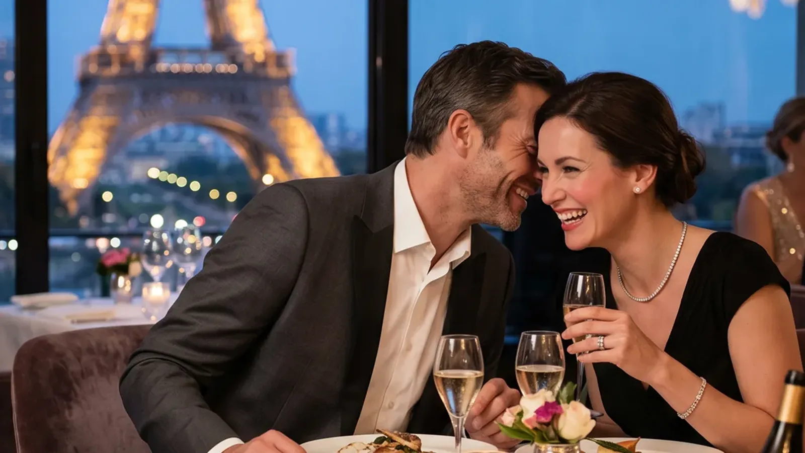 A smiling couple sharing a drink at a restaurant window with the Eiffel Tower behind them