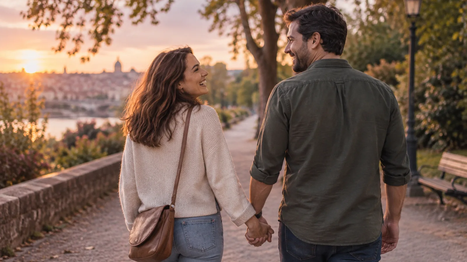 A relaxed adult couple walking hand in hand in a park in golden-hour light