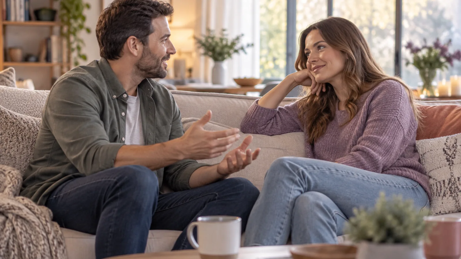 An adult couple talking openly on a sofa, one gesturing while the other listens with a smile