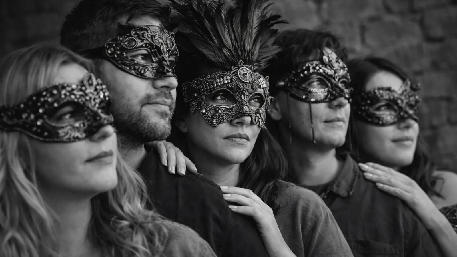 Black-and-white photo of five people wearing ornate masquerade masks