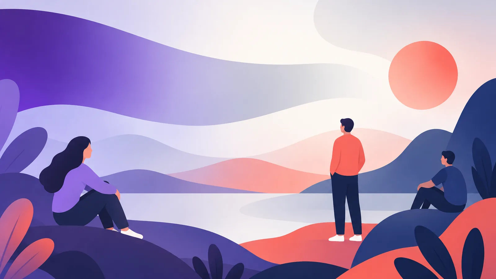 Three people among soft purple and coral hills at dusk under a pale sun