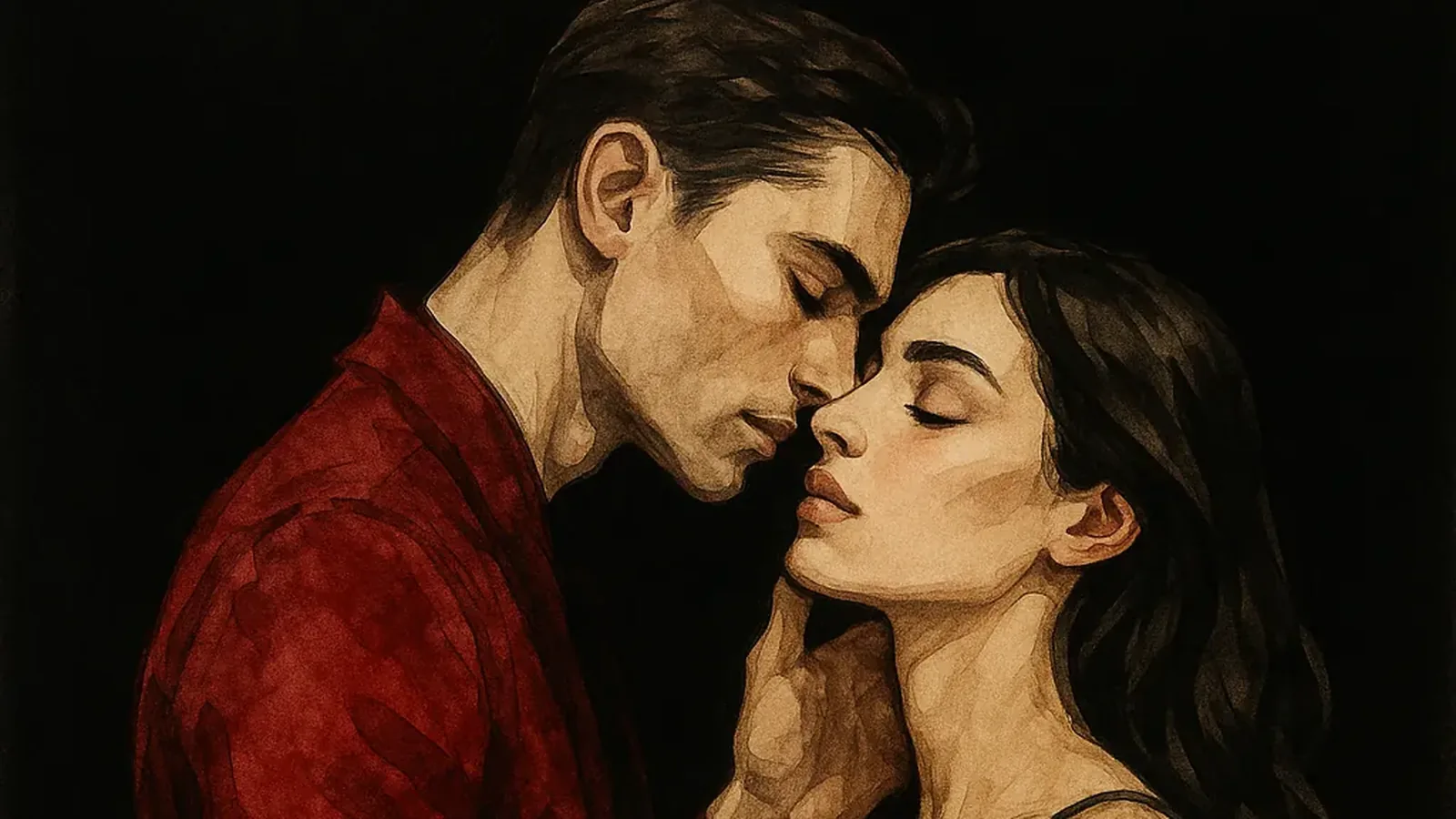 A painted portrait of a couple in a close embrace, eyes closed