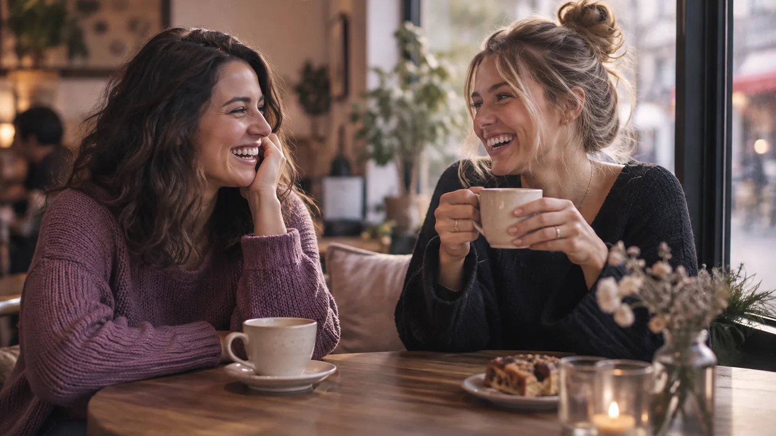 Two friends laughing over coffee at a cafe table by a window in warm light