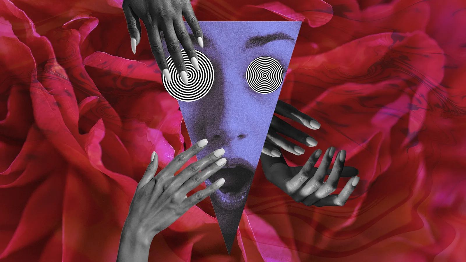 Surreal collage of a face with spiral eyes framed by hands on red fabric