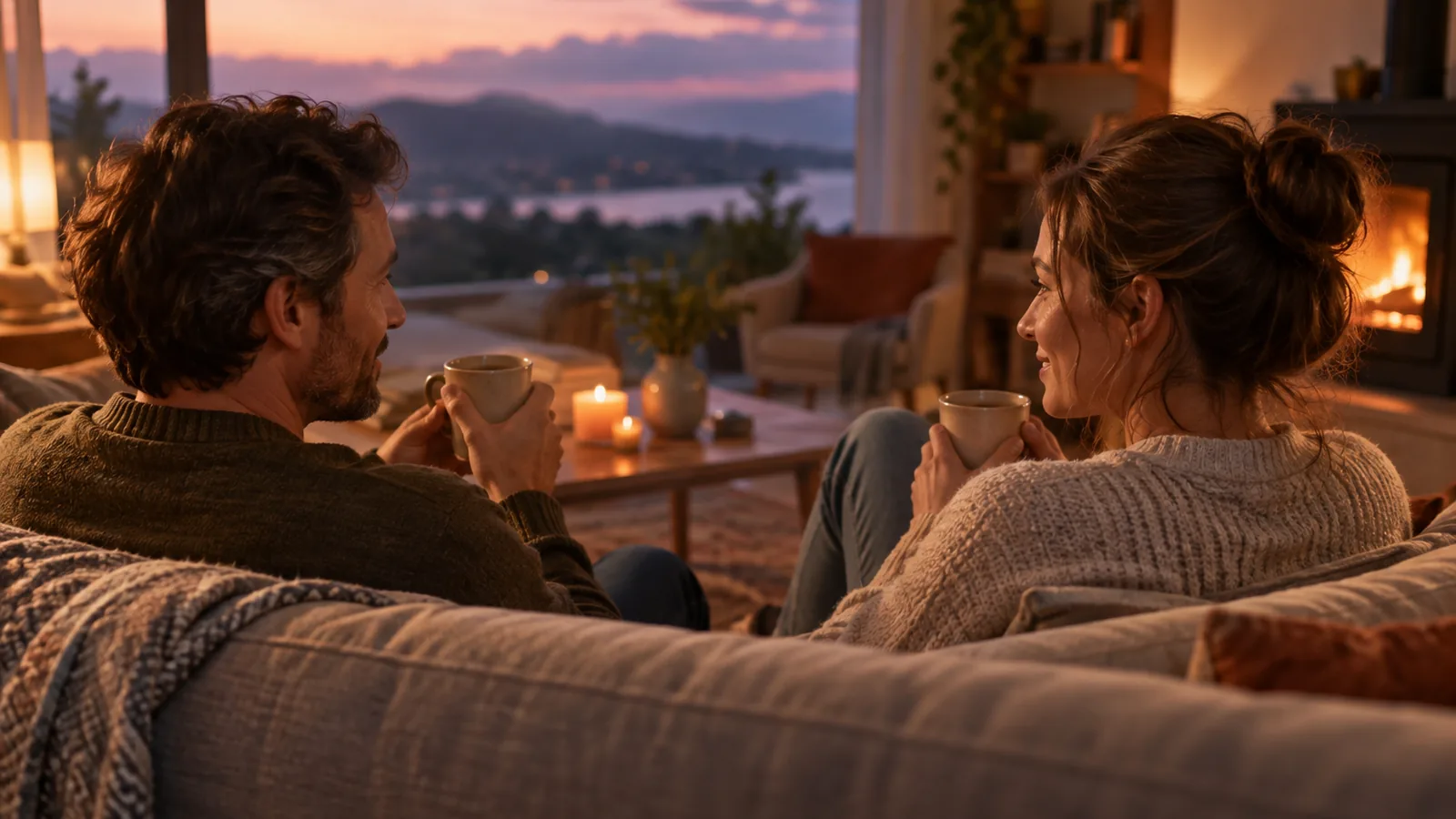Two adults sitting side by side on a sofa, talking calmly over mugs of tea at dusk